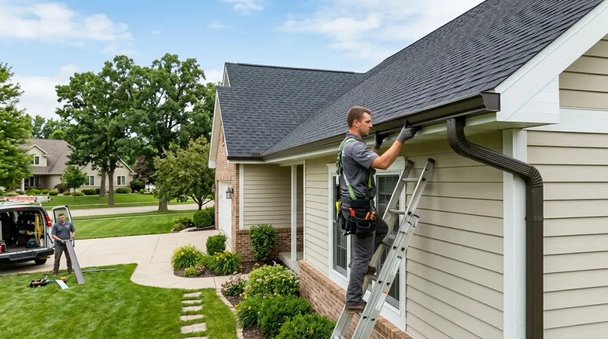 Here is a professional hero image for your blog post, featuring a high-quality, seamlessly installed gutter system on a charming Deforest home.